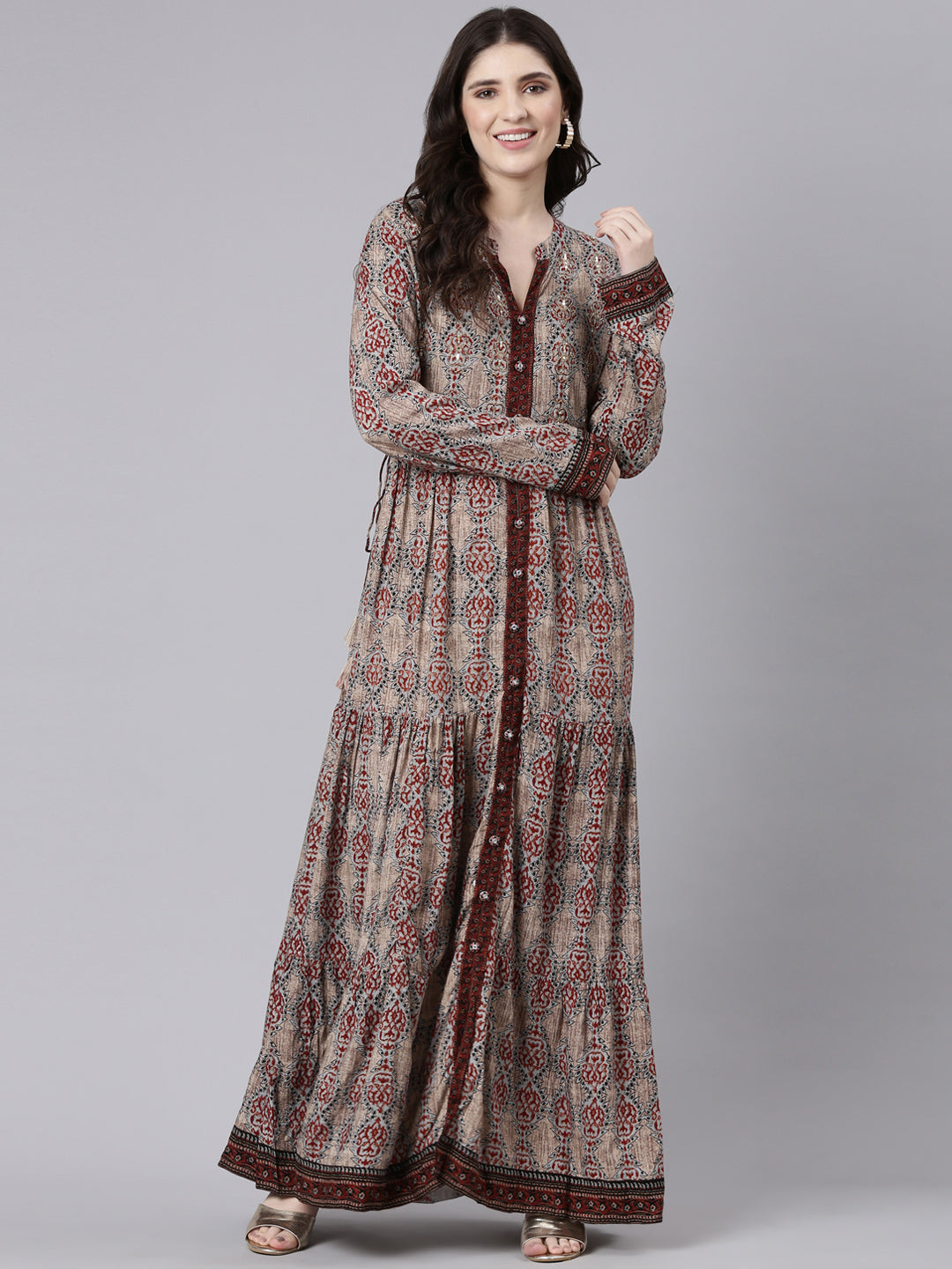 Neeru's Beige Straight Casual Printed Maxi Dresses