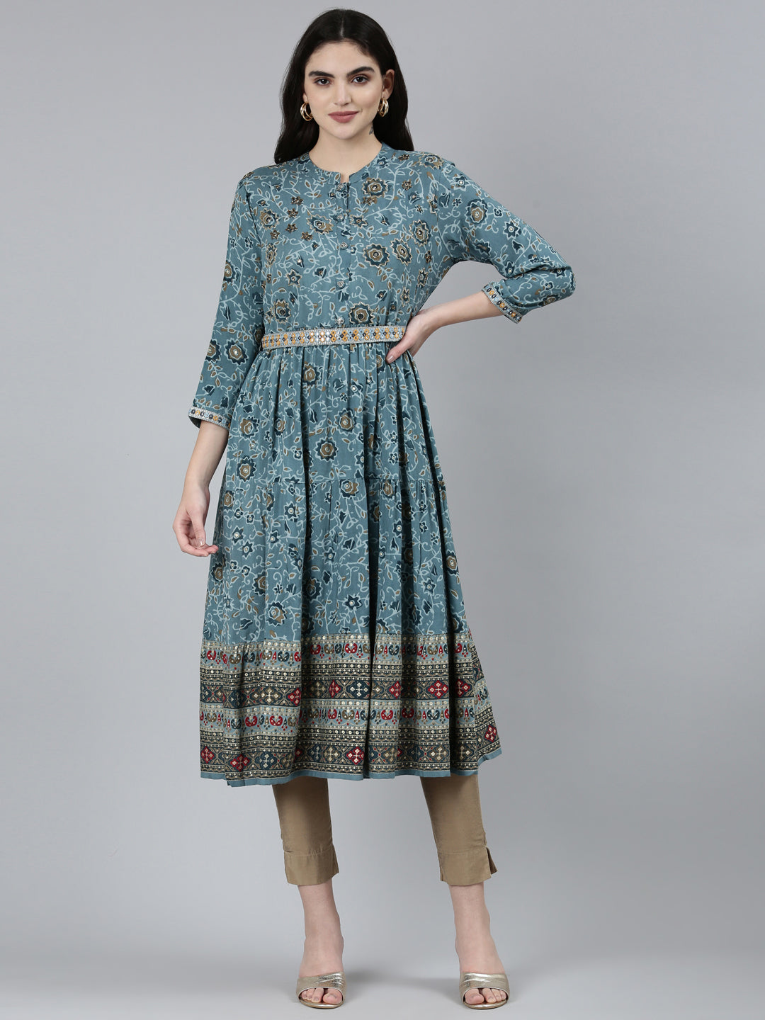 Neeru's Blue Straight Casual Floral Dresses