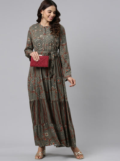 Neeru's Grey Straight Casual Printed Maxi Dresses