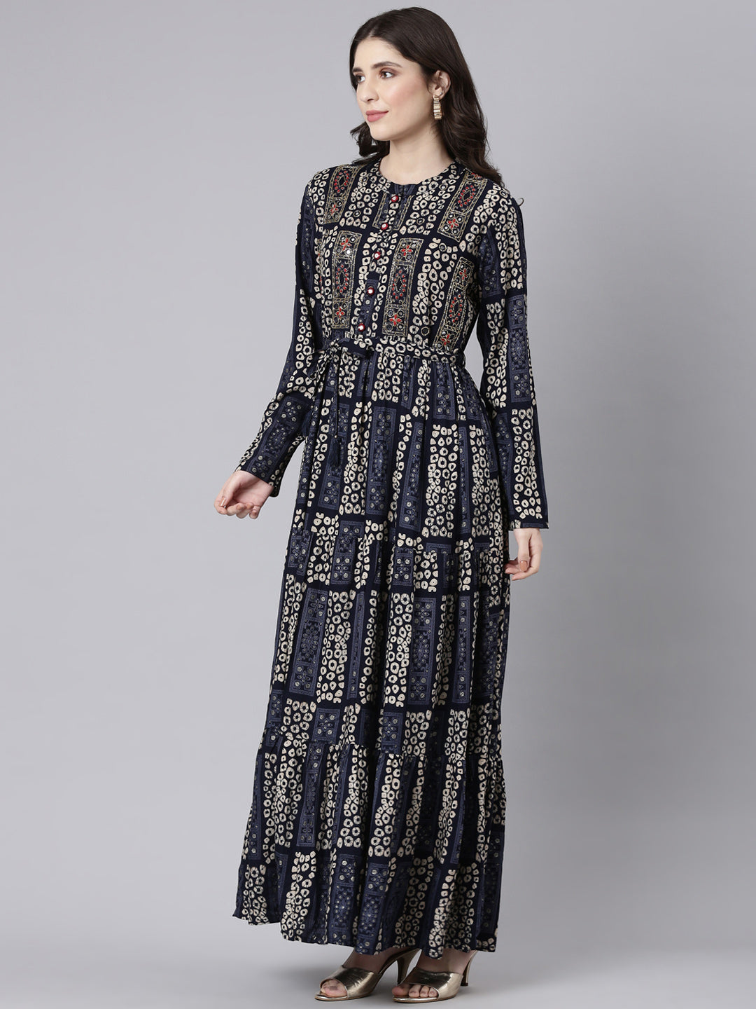 Neeru's Navy Blue Straight Casual Printed Maxi Dresses