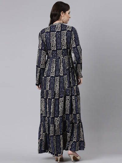 Neeru's Navy Blue Straight Casual Printed Maxi Dresses