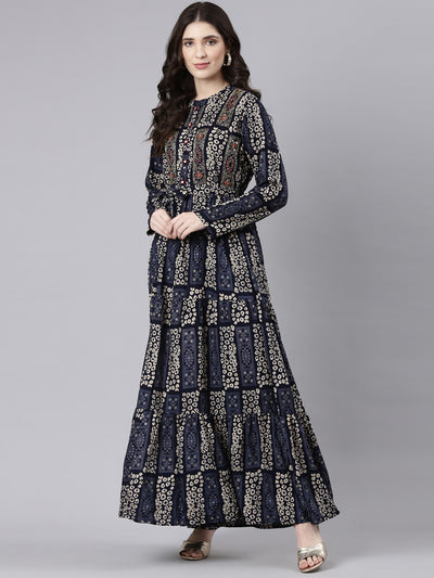 Neeru's Navy Blue Straight Casual Printed Maxi Dresses