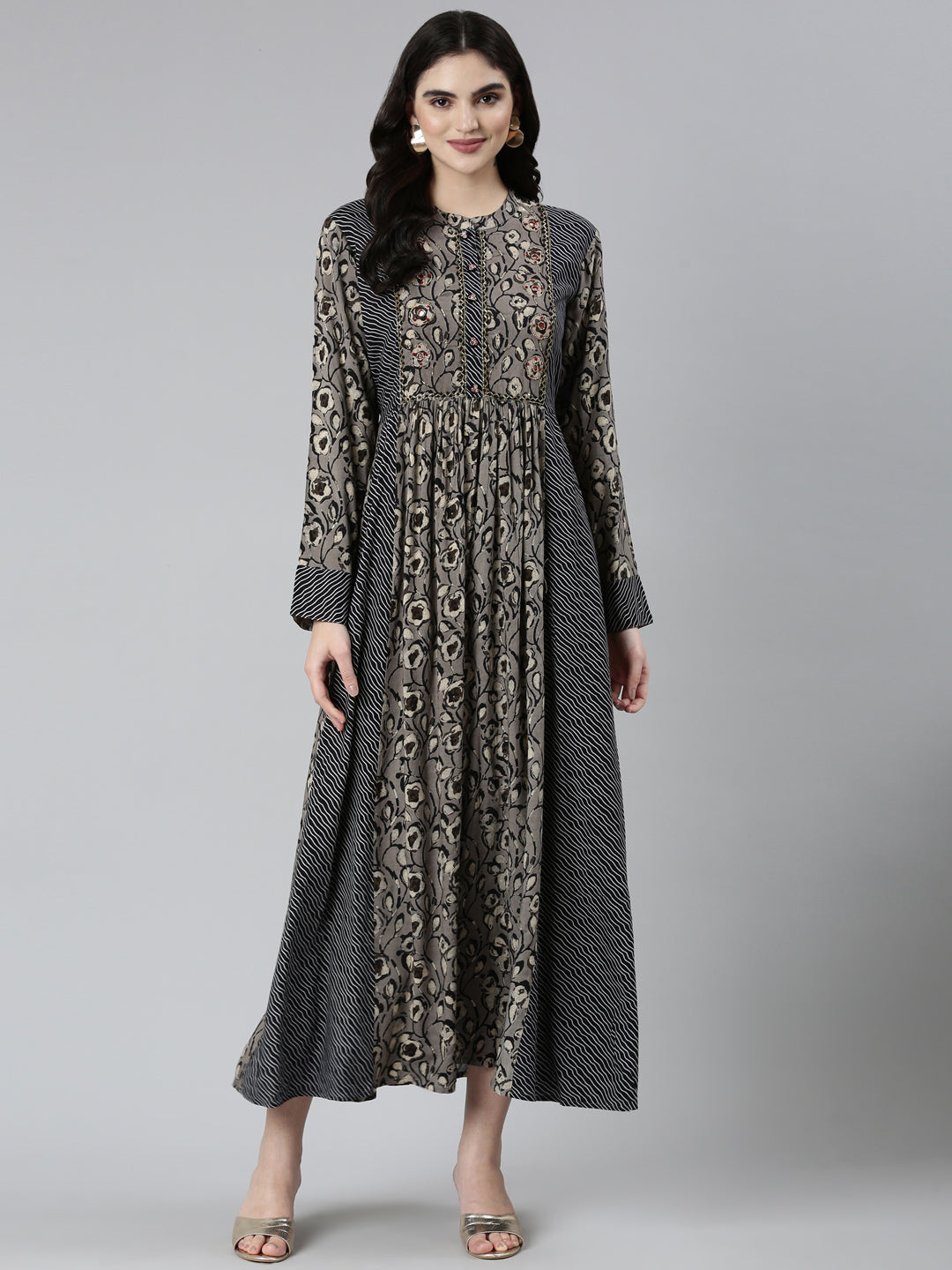 Neeru's Grey Straight Casual Floral Dresses