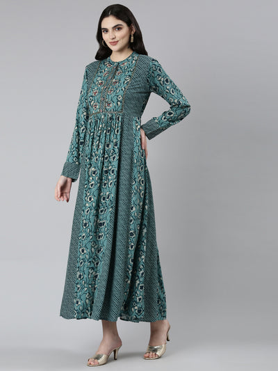 Neeru's Green Straight Casual Floral Dresses