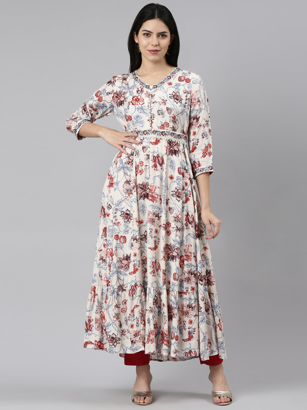 Neeru's White Straight Casual Printed Maxi Dresses