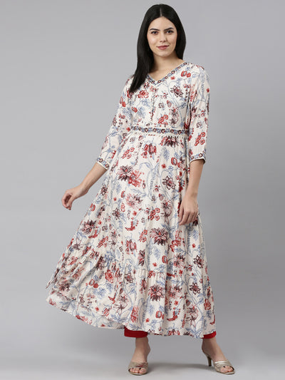 Neeru's White Straight Casual Printed Maxi Dresses