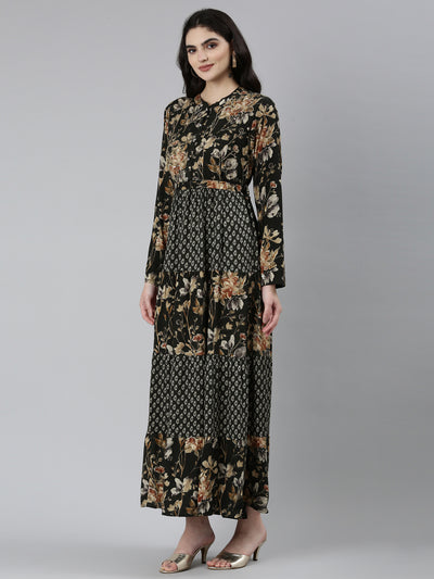 Neeru's Black Straight Casual Floral Dresses