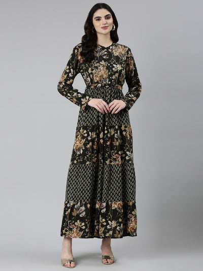 Neeru's Black Straight Casual Floral Dresses