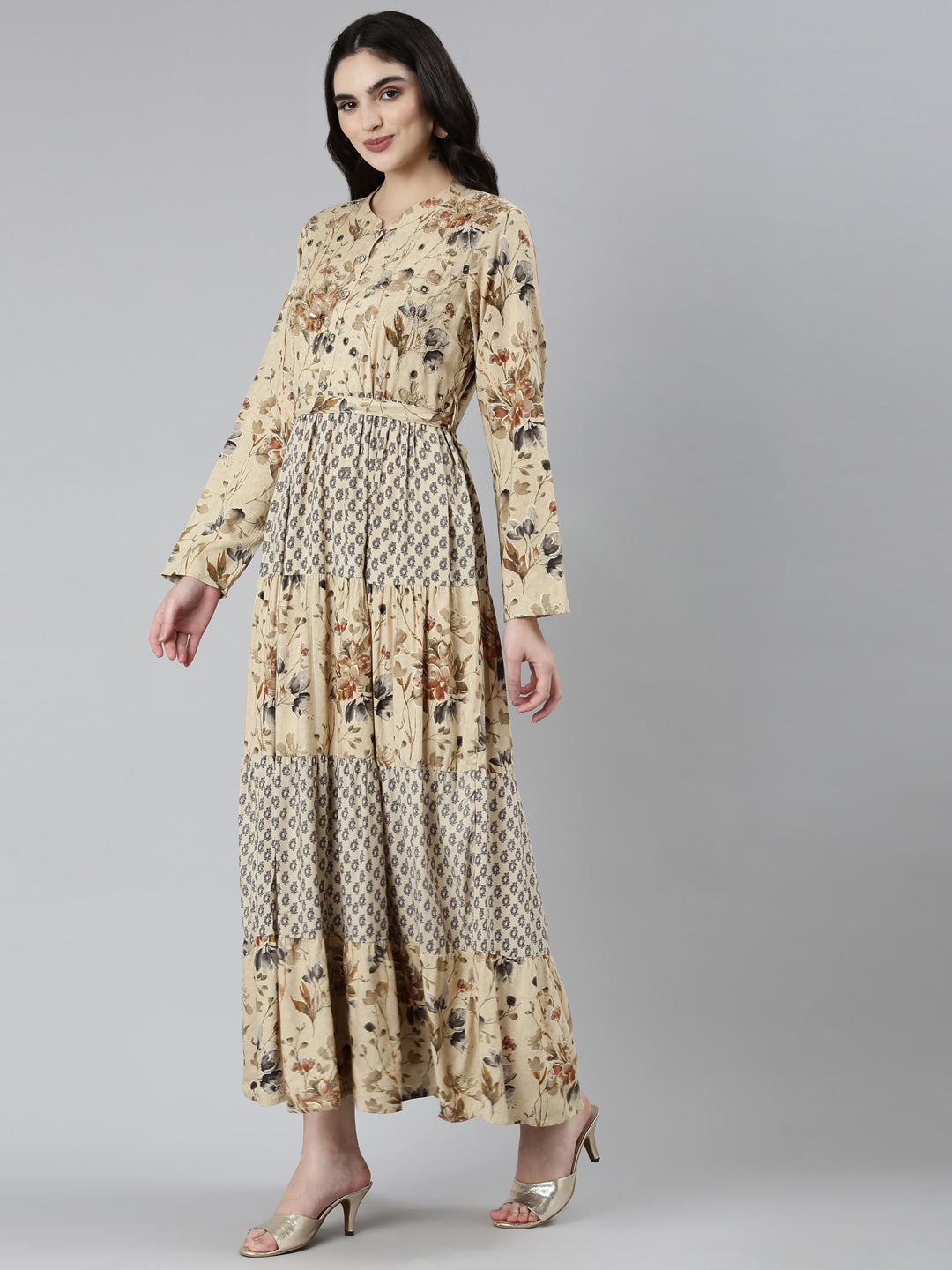 Neeru's Beige Straight Casual Floral Dresses