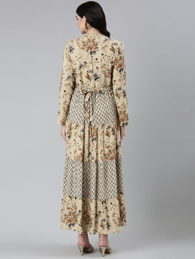 Neeru's Beige Straight Casual Floral Dresses