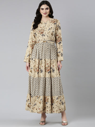 Neeru's Beige Straight Casual Floral Dresses