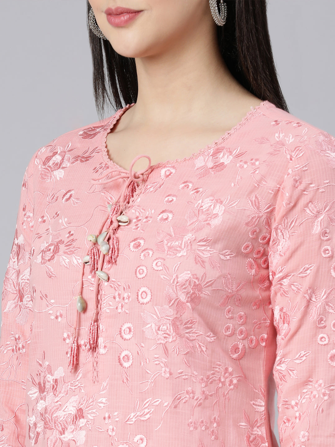 Neerus Pink Panelled Straight Yoke Design Kurta And Trousers With Dupatta