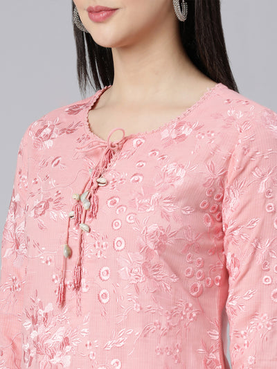 Neerus Pink Panelled Straight Yoke Design Kurta And Trousers With Dupatta