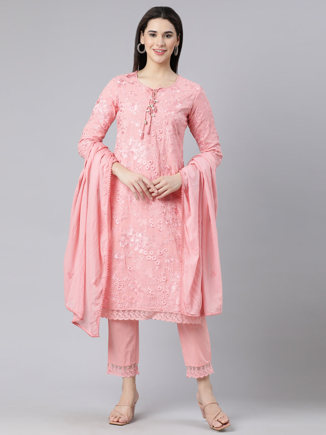 Neerus Pink Panelled Straight Yoke Design Kurta And Trousers With Dupatta