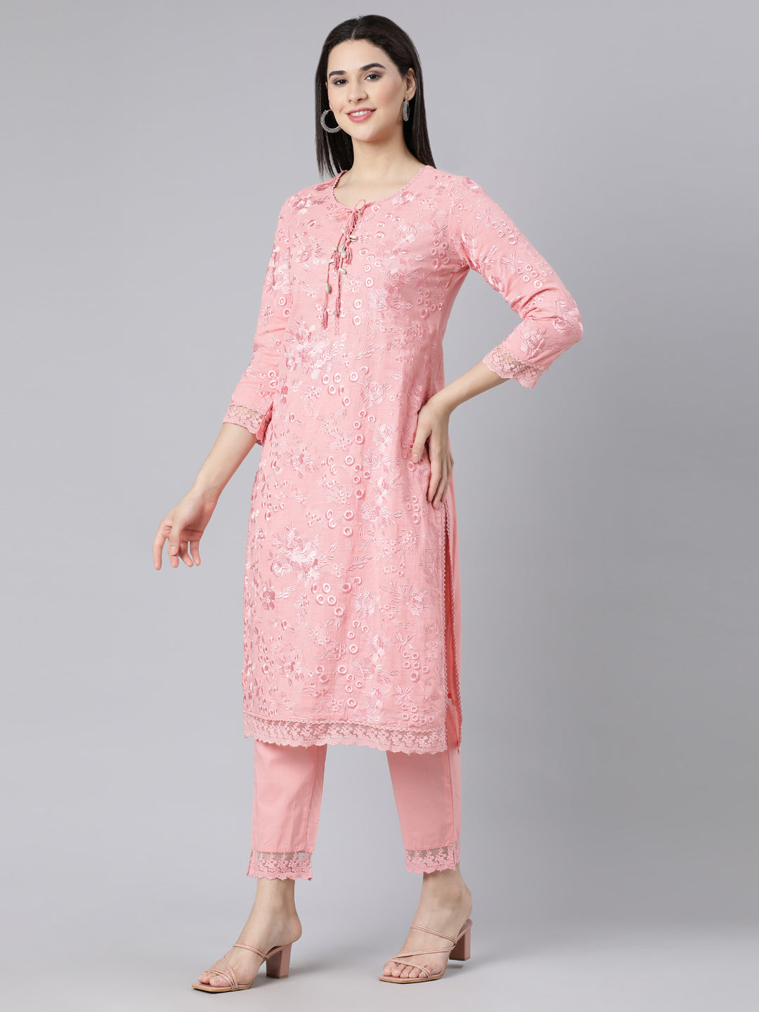 Neerus Pink Panelled Straight Yoke Design Kurta And Trousers With Dupatta