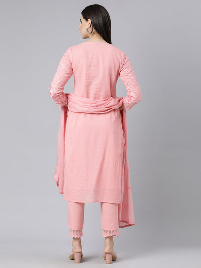 Neerus Pink Panelled Straight Yoke Design Kurta And Trousers With Dupatta