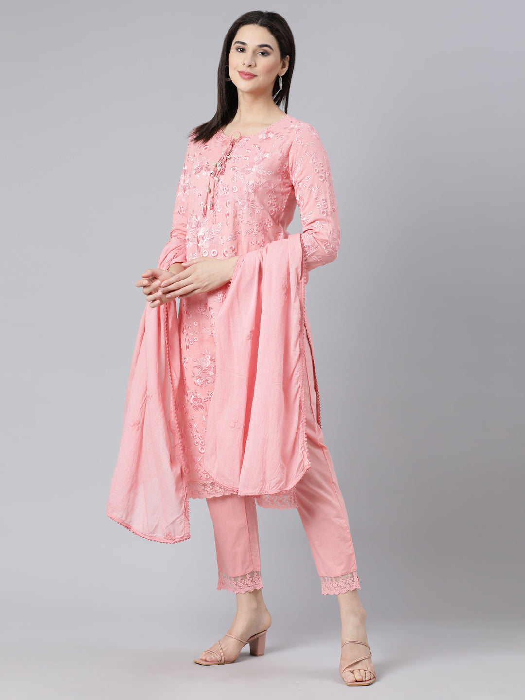 Neerus Pink Panelled Straight Yoke Design Kurta And Trousers With Dupatta