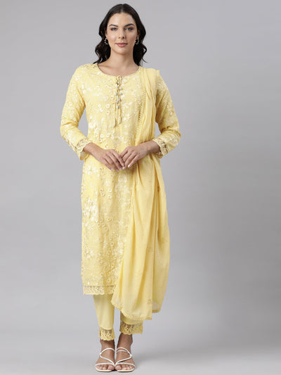 Neerus Yellow Panelled Straight Yoke Design Kurta And Trousers With Dupatta