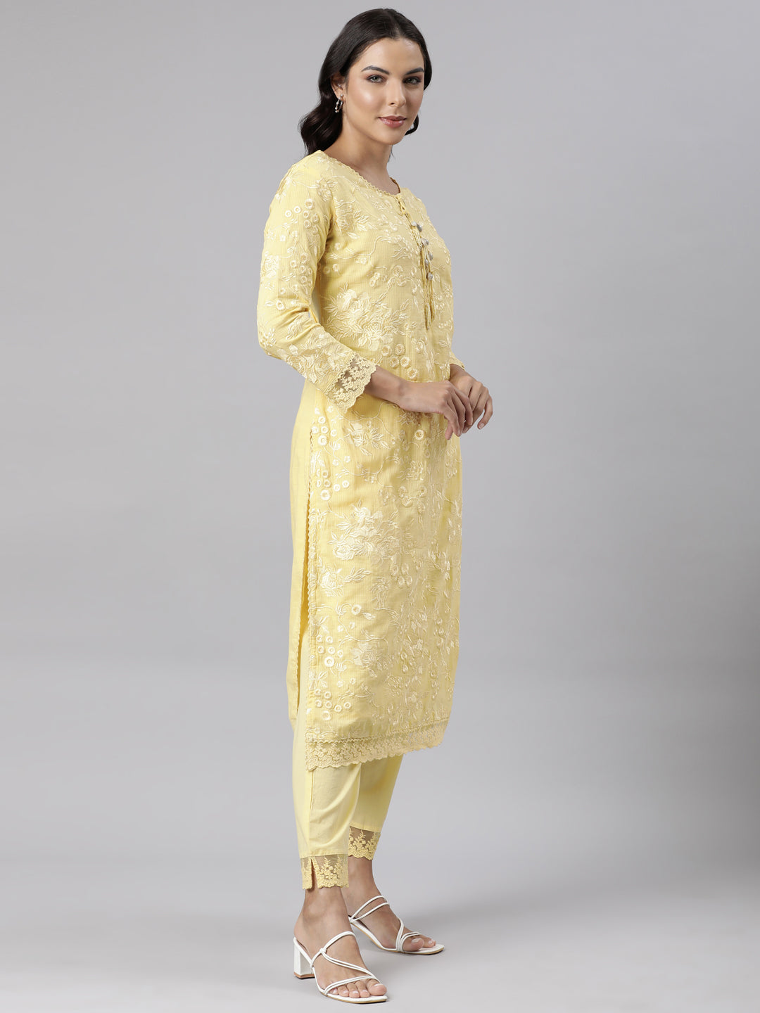 Neerus Yellow Panelled Straight Yoke Design Kurta And Trousers With Dupatta