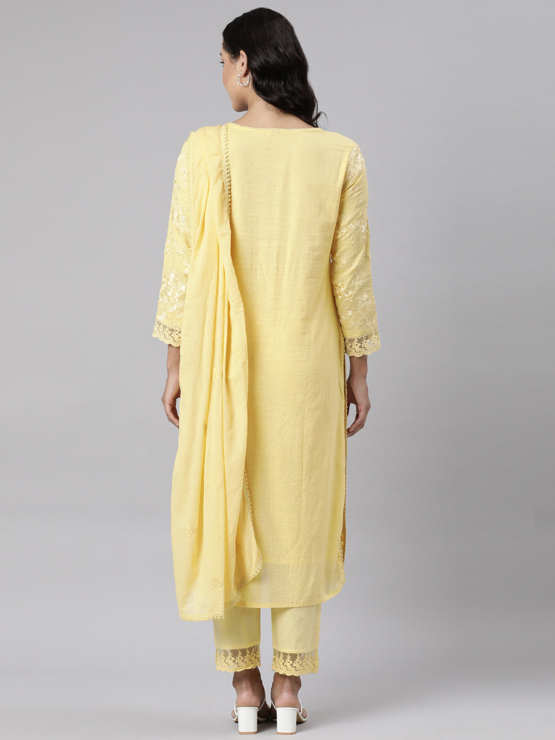 Neerus Yellow Panelled Straight Yoke Design Kurta And Trousers With Dupatta