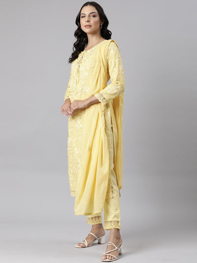 Neerus Yellow Panelled Straight Yoke Design Kurta And Trousers With Dupatta