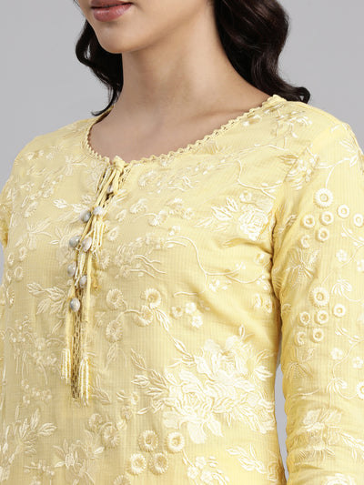 Neerus Yellow Panelled Straight Yoke Design Kurta And Trousers With Dupatta