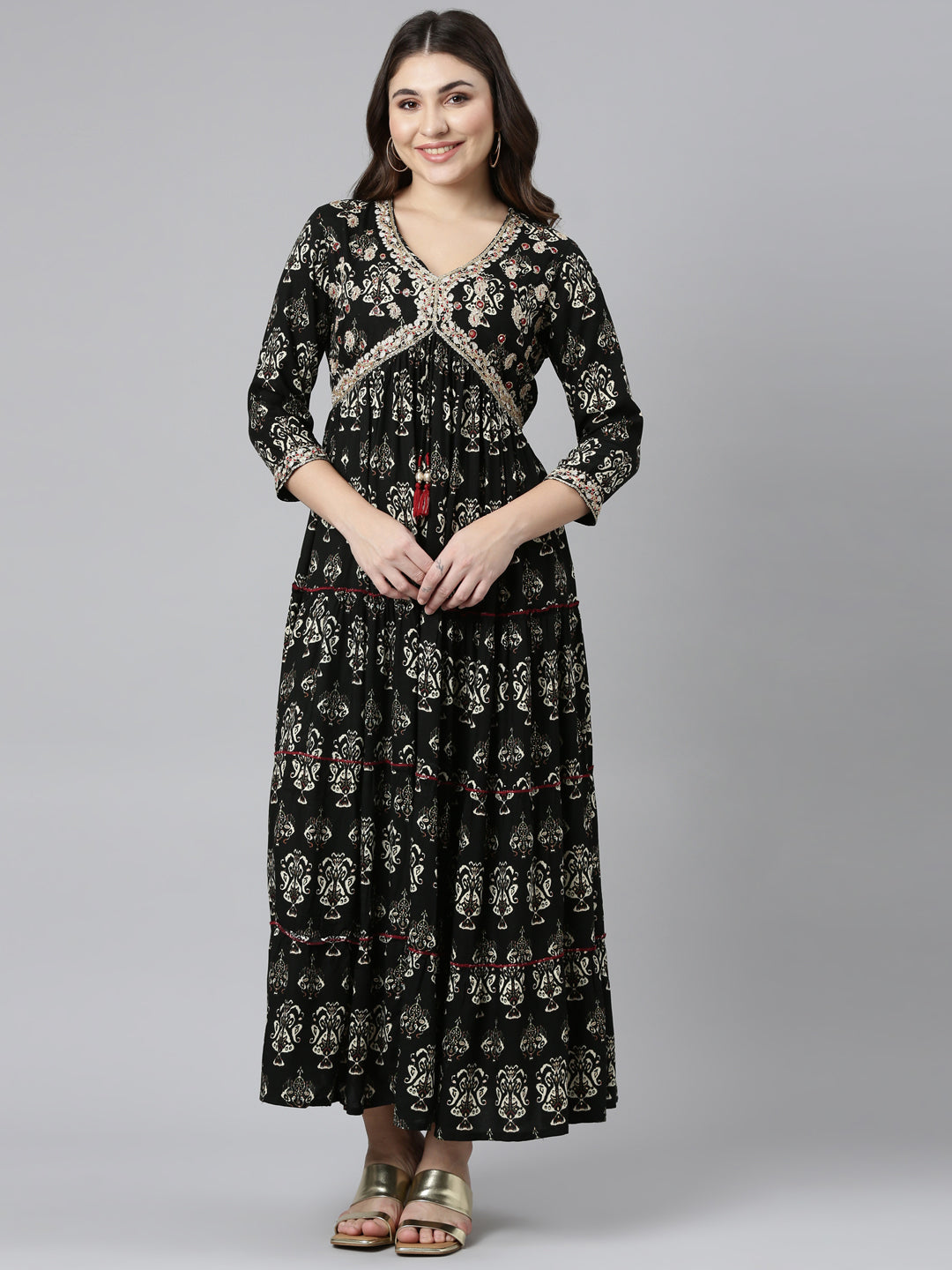 Neeru's Black Straight Casual Printed Dress