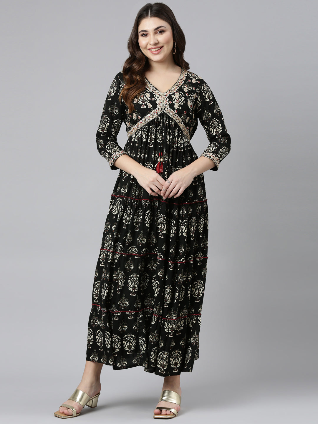 Neeru's Black Straight Casual Printed Dress