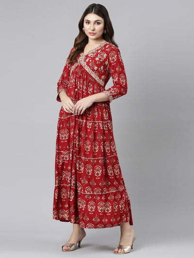 Neeru's Maroon Straight Casual Printed Gown