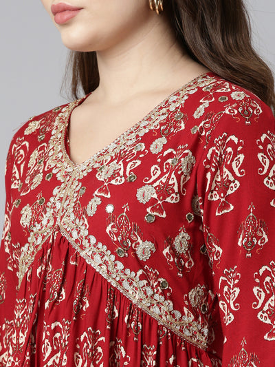 Neeru's Maroon Straight Casual Printed Gown