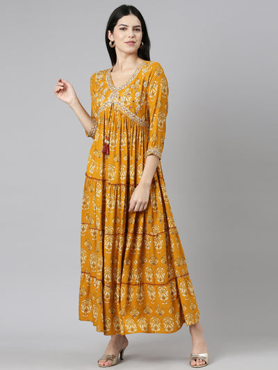 Neeru's Mustard Straight Casual Printed Gown