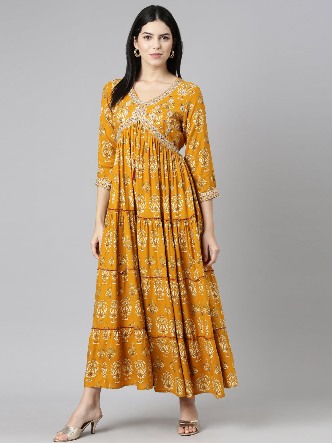 Neeru's Mustard Straight Casual Printed Gown