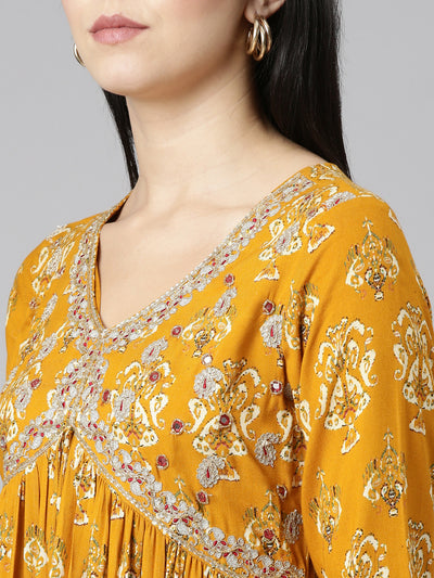 Neeru's Mustard Straight Casual Printed Gown