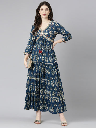 Neeru's Blue Straight Casual Printed Gown