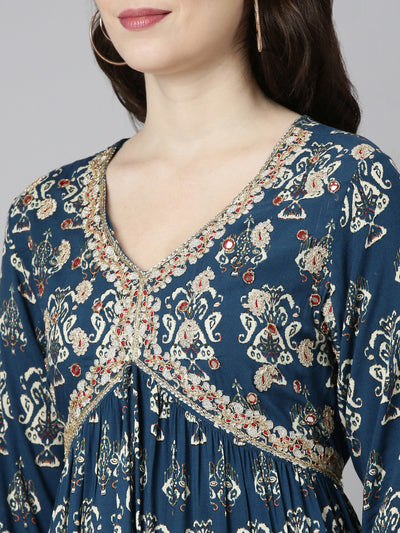 Neeru's Blue Straight Casual Printed Gown