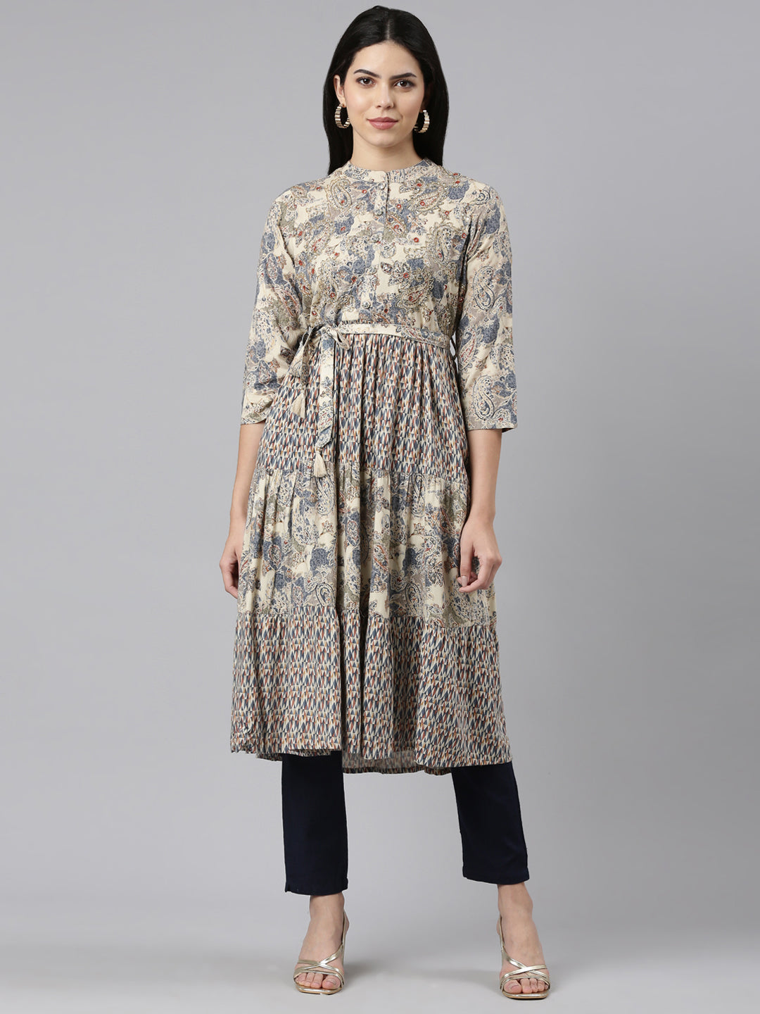 Neeru's Blue Pleated Straight Printed Kurtas