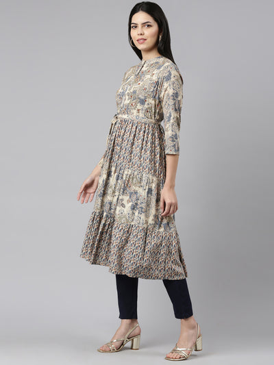 Neeru's Blue Pleated Straight Printed Kurtas