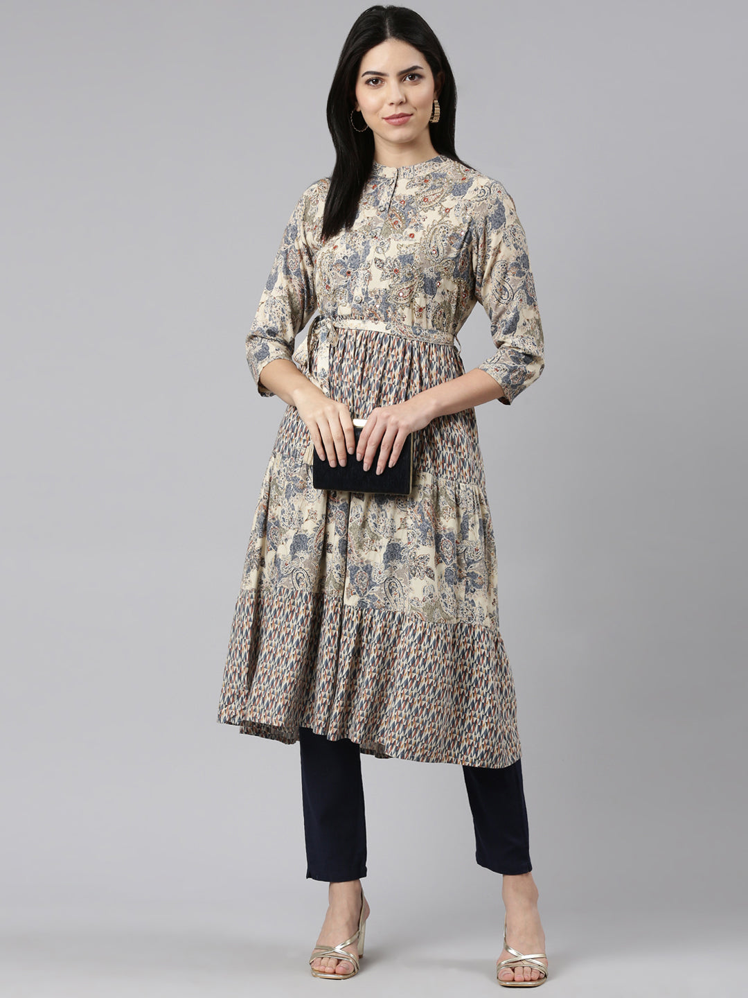 Neeru's Blue Pleated Straight Printed Kurtas