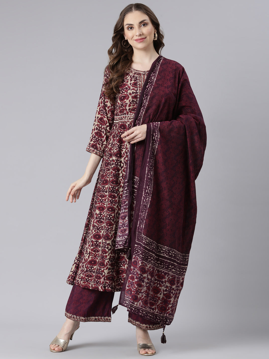 Neerus Purple Model Curved Casual Floral Kurta and Trouser with Dupatta