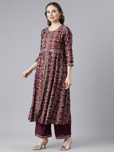 Neerus Purple Model Curved Casual Floral Kurta and Trouser with Dupatta