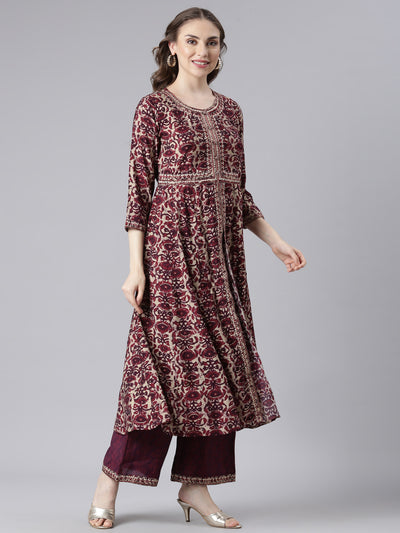 Neerus Purple Model Curved Casual Floral Kurta and Trouser with Dupatta