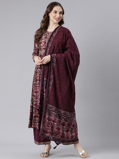 Neerus Purple Model Curved Casual Floral Kurta and Trouser with Dupatta