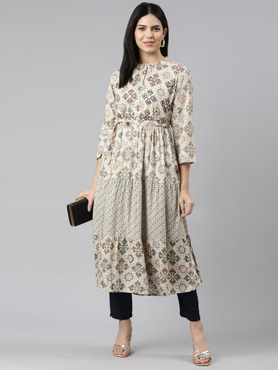 Neeru's Cream Straight Casual Printed Maxi Dresses