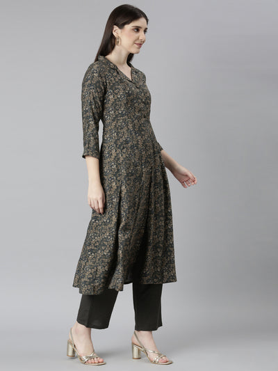 Neeru's Grey Regular Straight Floral Kurta And Trousers