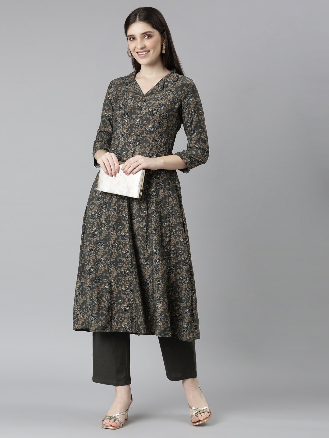 Neeru's Grey Regular Straight Floral Kurta And Trousers