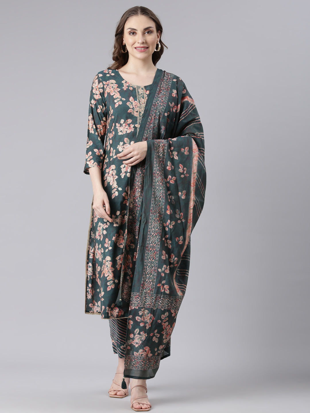 Neerus Green Model Straight Casual Ethnic Motifs Kurta and Trouser with Dupatta