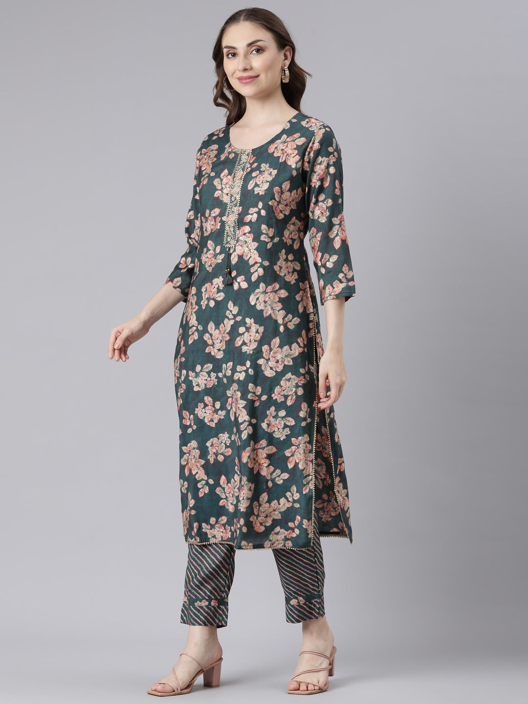 Neerus Green Model Straight Casual Ethnic Motifs Kurta and Trouser with Dupatta