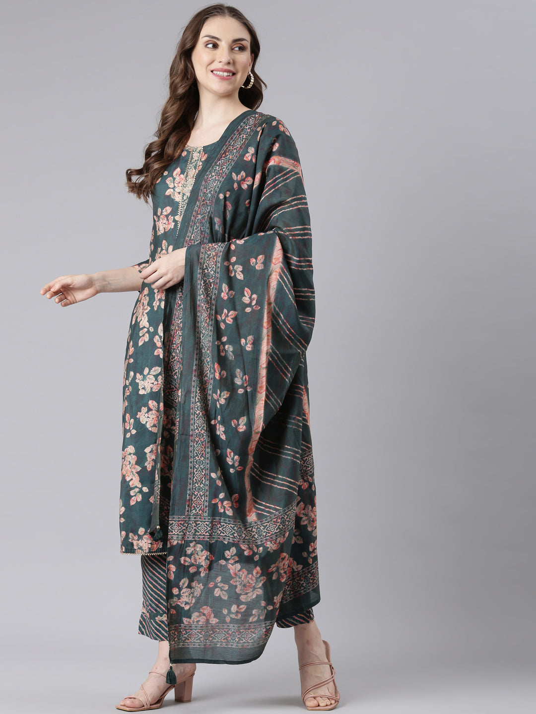 Neerus Green Model Straight Casual Ethnic Motifs Kurta and Trouser with Dupatta