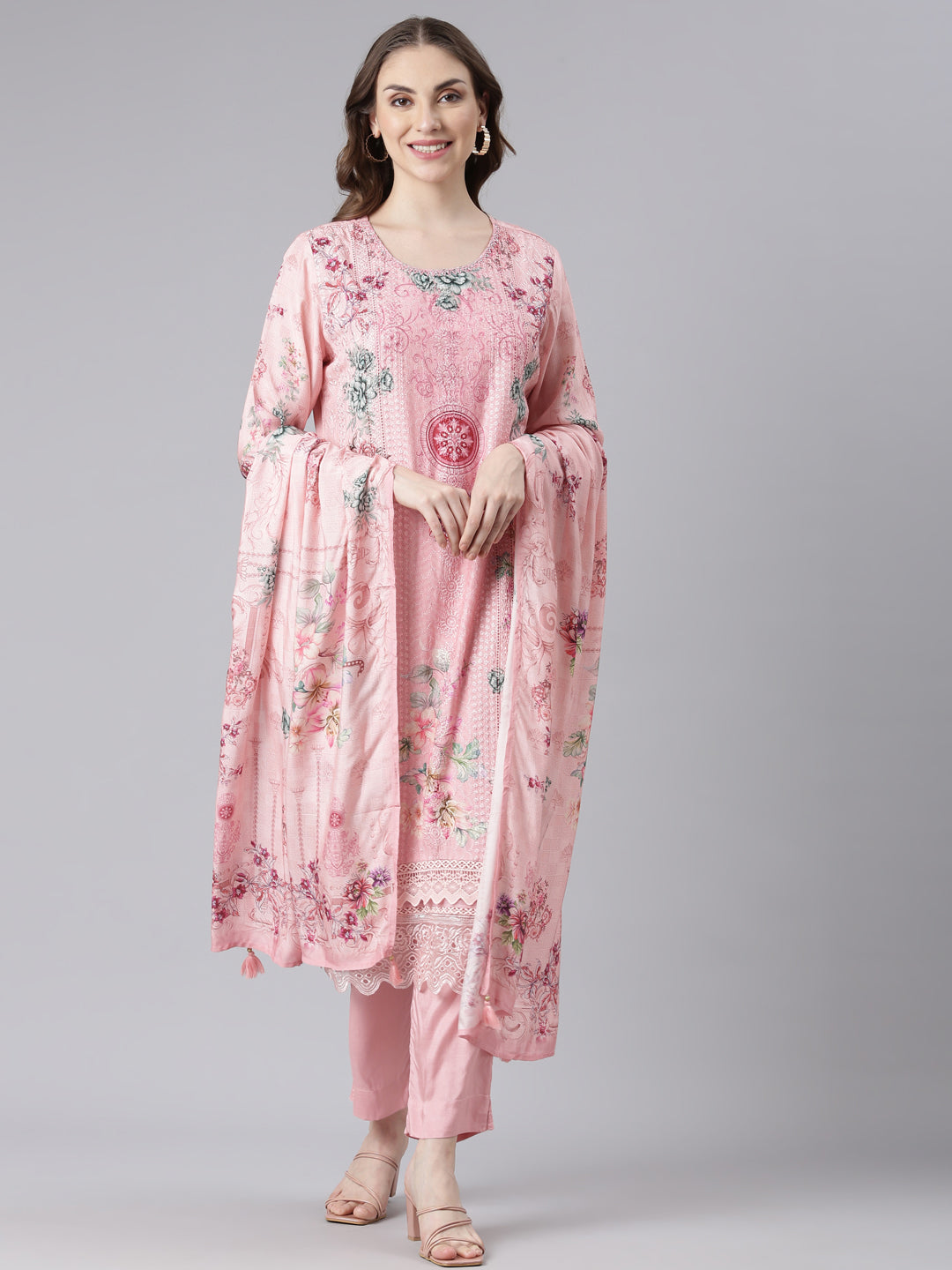 Neerus Pink Muslin Straight Casual Floral Kurta and Trouser with Dupatta