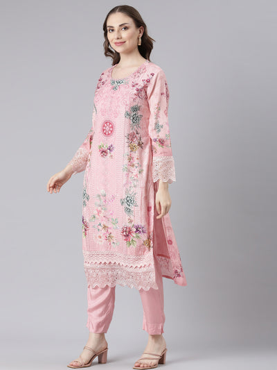 Neerus Pink Muslin Straight Casual Floral Kurta and Trouser with Dupatta